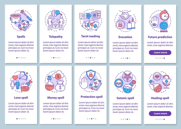 Na obrazovce mobilní aplikace s lineárními koncepty. Návod k čarodějnictví a čarování – grafické instrukce. UX, UI, vektorová šablona GUI s ilustracemi — Stockový vektor