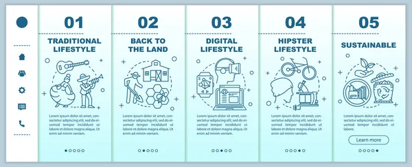 Mobil web sayfaları vektör şablonuna binen yaşam tarzı türleri. Karaya geri dönelim. Doğrusal çizimler ile duyarlı akıllı telefon web sitesi arayüz fikri. Web sayfası walkthrough adım ekranlar. Renk kavramı