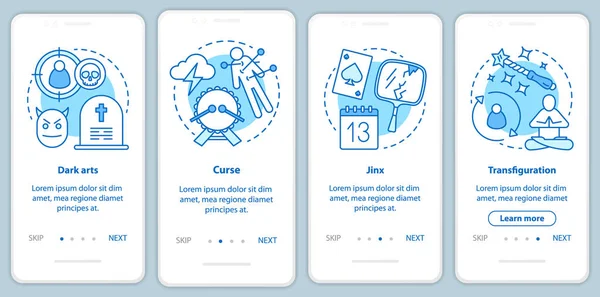 Doğrusal kavramlar ile mobil uygulama sayfası ekranında kara büyü. Transfiguration, lanet büyü ler yol adımları grafik talimatları. Witchcraft Ux, Ui, Gui vektör şablonu çizimlerile