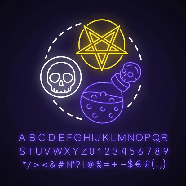 Satanic Spell ikona koncepcji Neon światła. Czary i identyfikator alchemii — Wektor stockowy