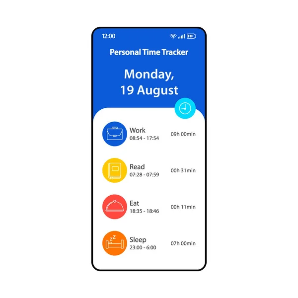 Kişisel zaman izleme uygulaması akıllı telefon arayüzü vektör şablonu. Mobil sayfa tasarımı düzeni. Zaman izleyici ekranı. Uygulama için Düz Ui. Saatler izleme yazılımı. Zaman takip cihazı. Telefon ekranı — Stok Vektör