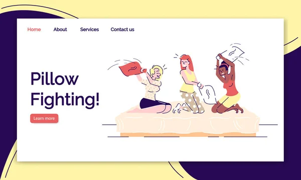 Pillow fighting landing page vector templates set. Girls party website interface idea with flat illustrations.Sleepover fun homepage layout. Outline people fun web banner, webpage cartoon concept Royalty Free Stock Vectors