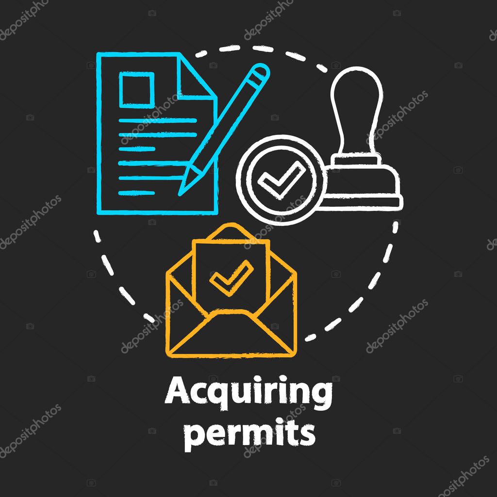 Acquiring permits chalk concept icon. Obtaining license idea. Getting approval. Legal documents and permissions. Formal application. Vector isolated chalkboard illustration
