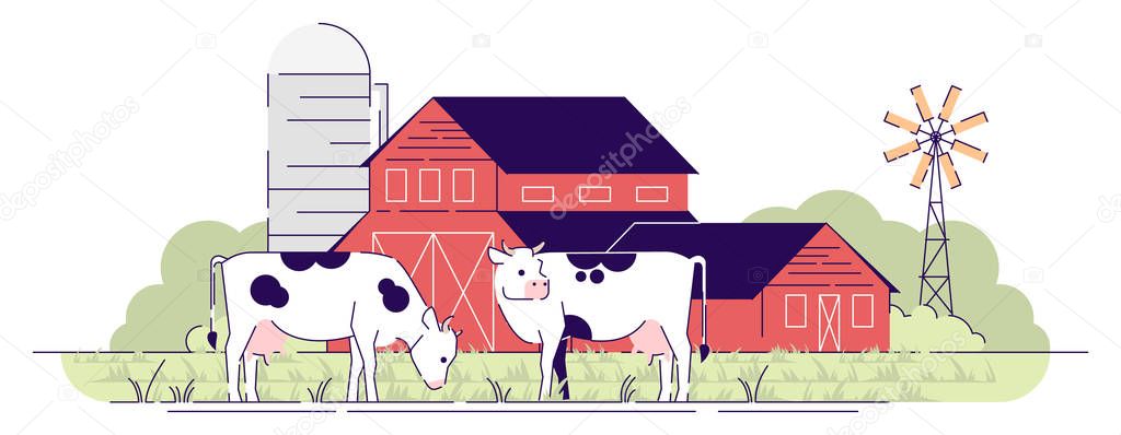 Dairy farm flat vector illustration. Cows grazing on pasture near red barns cartoon design element with outline. Village farmland with barnyard, rural ranch. Livestock farming, animal husbandry