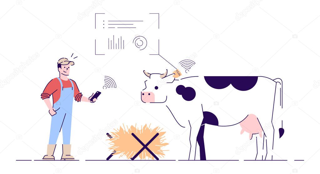 Smart dairy farm flat vector illustration. Cattle tracking system cartoon concept with outline. Cow feeding sensor, GPS tracker. Iot in livestock farming, animal husbandry. Farmer isolated character