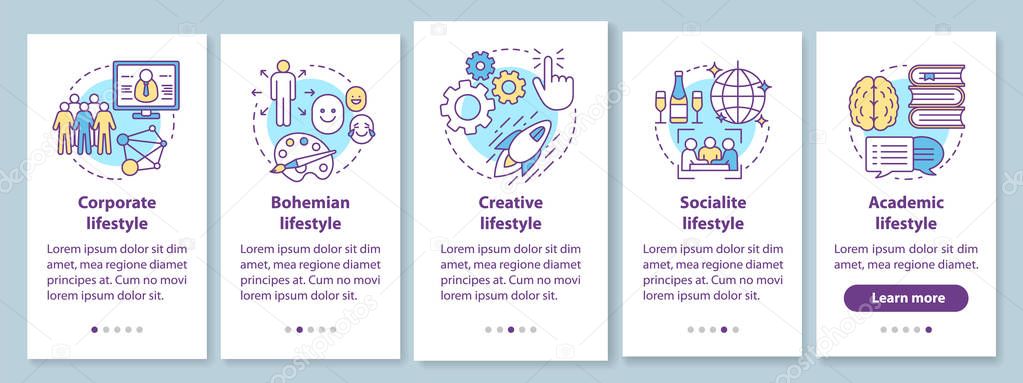 Lifestyle types onboarding mobile app page screen with linear concepts. Corporate, bohemian, creative life style walkthrough steps graphic instructions. UX, UI, GUI vector template with illustrations