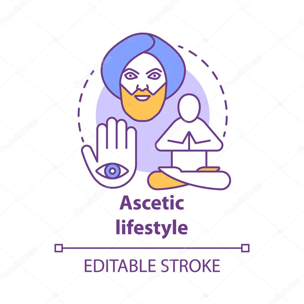 Ascetic lifestyle concept icon. Severe self-discipline for religious reasons idea thin line illustration. Achieve spirituality, find inner peace. Vector isolated outline drawing. Editable stroke