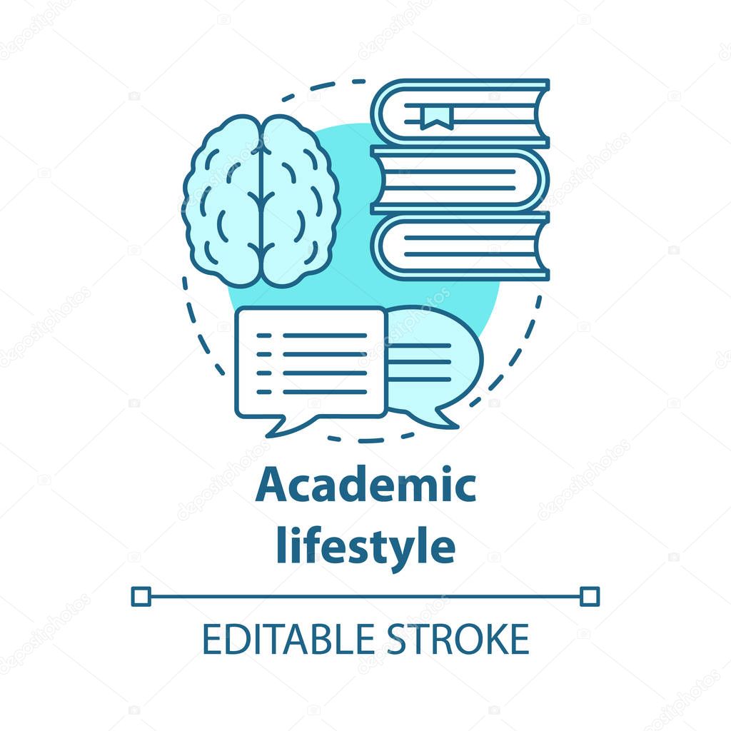 Academic lifestyle blue concept icon. Knowledge and learning idea thin line illustration. Education and scholarship. Avid books reading. Vector isolated outline drawing. Editable stroke