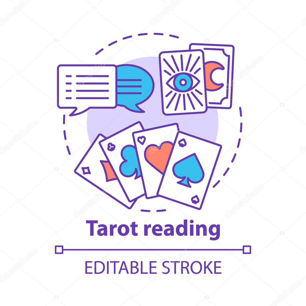 Tarot reading concept icon. Fortune telling, divination and cartomancy idea thin line illustration. Speech bubbles, playing and clairvoyant cards vector isolated outline drawing. Editable stroke