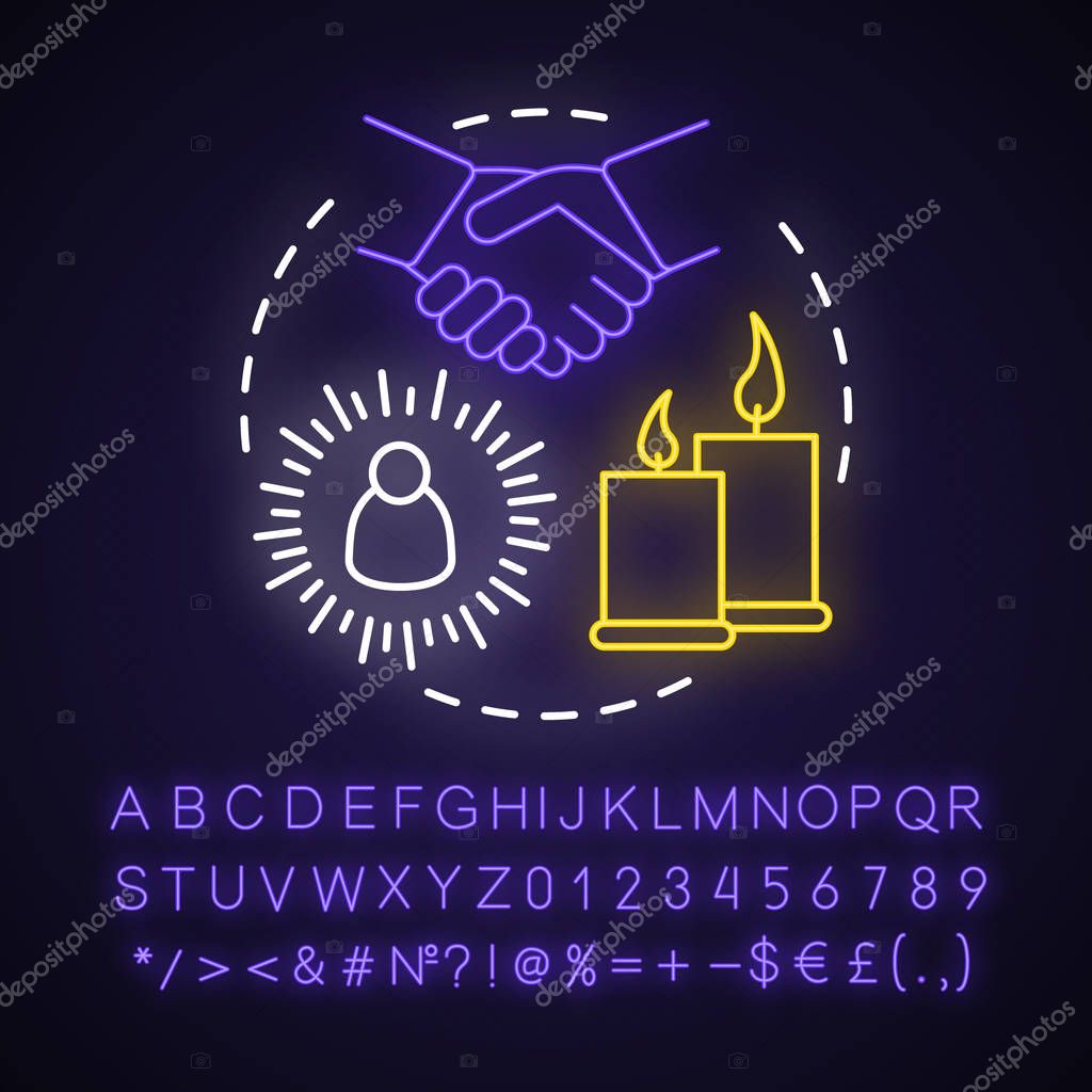 Evocation neon light concept icon. Occultism and superstition idea. Glowing sign with alphabet, numbers and symbols. Candles and holding hands vector isolated illustration. Spiritualistic session