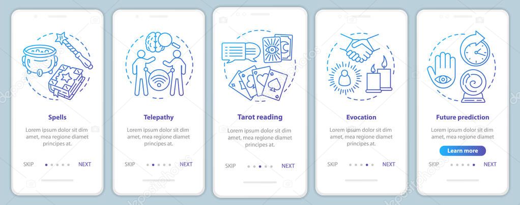 Magic services onboarding mobile app page screen vector template. Telepathy, evocation, fortune telling walkthrough website steps with linear illustrations. UX, UI, GUI smartphone interface concept