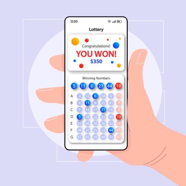 Piyango zafer mesajı akıllı telefon arayüzü vektör şablonu. Mobil uygulama sayfası beyaz tasarım düzeni. İfade ekranLarını kazandın. Uygulama için Düz Ui. El ekranda kazanan kombinasyonu ile telefon tutar