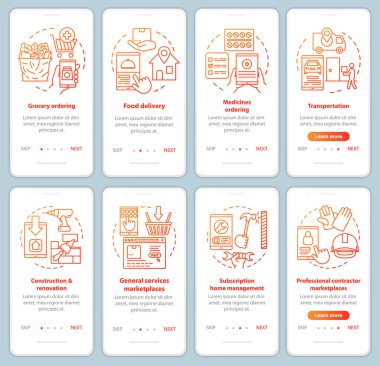Arz ve talep onboarding mobil uygulama sayfası ekran vektör şablonları ayarlayın. Doğrusal illüstrasyonlar ile ticari hizmetler sektöründe walkthrough web sitesi adımları. Ux, Ui, Gui akıllı telefon arayüz kavramları