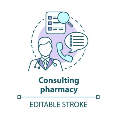 Danışmanlık eczane kavram simgesi. Doktor tıbbi danışma fikir ince çizgi illüstrasyon. Profesyonel eczacı. Reçete, ilaç tavsiyesi. Vektör yalıtılmış anahat çizimi. Kullanılabilir kontur
