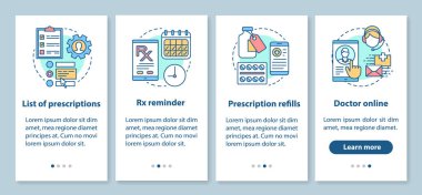 Reçete listesi ve doğrusal kavramlar ile mobil uygulama sayfa ekranında online eczane onboarding. Rx yedekler. Dört geçiş adımı grafik yönergeleri. Ux, Ui, Gui vektör şablonu çizimleri ile