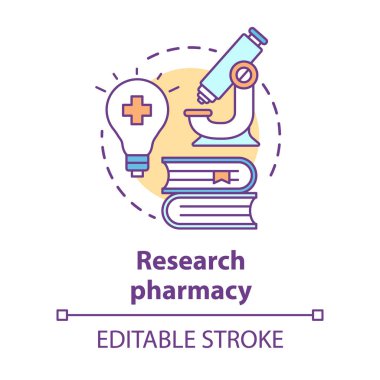 Eczane konsept simgesi. Farmasötik araştırma fikri ince çizgi illüstrasyon. Yeni ilaçlar, tedavi yöntemleri keşfi. İlaç geliştirmek, geliştirmek. Vektör yalıtılmış anahat çizimi. Kullanılabilir kontur