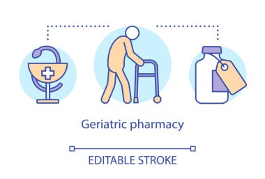 Eczane konsept simgesi. Geriatrik hasta tedavi fikri ince çizgi illüstrasyon. Yaşlılık hastalıkları ilaç tedavisi. Yaşlılar için sağlık hizmetleri. Vektör yalıtılmış anahat çizimi. Kullanılabilir kontur