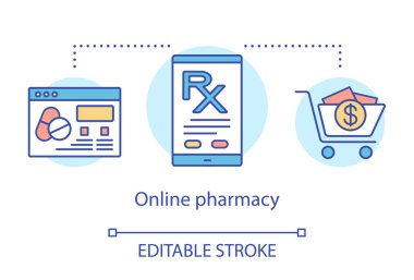 Internet eczane kavram simgesi. Online eczacı hizmet fikri ince çizgi illüstrasyon. İnternet eczane uygulaması. Online ilaç sipariş. Vektör yalıtılmış anahat çizimi. Kullanılabilir kontur