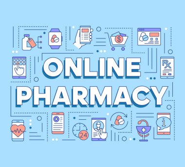 Online eczane kelime kavramları afiş. İlaç, ilaç alışverişi. Online danışman. Sunum, web sitesi. Doğrusal simgeler ile izole harf tipografi fikri. Vektör anahat çizimi