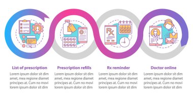 Çevrimiçi eczane vektör bilgi grafiği şablonu. İş sunumu tasarım öğeleri. Dört adımlı ve seçenekli veri görselleştirme. İşlem zaman çizelgesi grafiği. Doğrusal simgelerle iş akışı düzeni