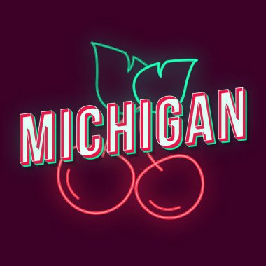Michigan vintage 3d vektör yazı. Retro kalın yazı tipi, yazı tipi. Pop art stilize metin. Eski okul tarzı neon ışık harfler. 90'lar, 80'ler afiş, afiş, t shirt tipografi tasarımı. Mor renk arka plan