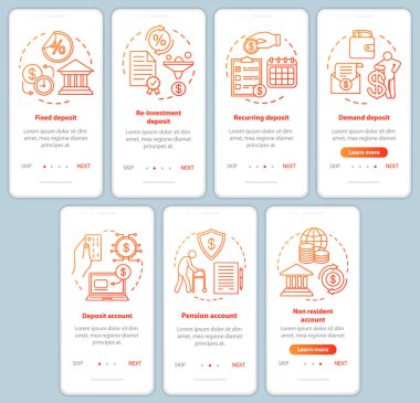 Tasarruf, mobil uygulama sayfası ekran vektör şablonu onboarding mevduat yatırım. Farklı para yatırma türleri. Doğrusal çizimler ayarlanmış web sitesi adımları. Ux, Ui akıllı telefon arayüz konsepti