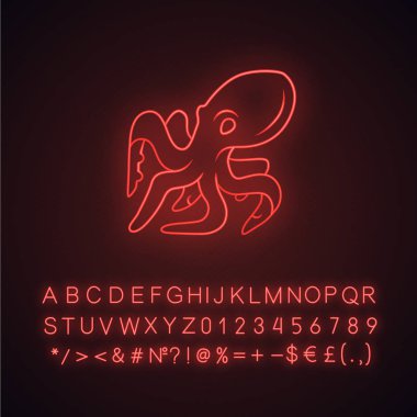 Ahtapot neon ışık ikonu. Dokunaçlarıyla su altında yüzen bir hayvan. Deniz ürünleri restoranı. Su omurgasız yumuşakça. Alfabe, sayılar ve sembollerle parlayan işaret. Vektör izole illüstrasyonu