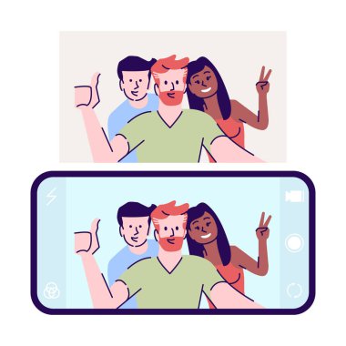 Selfie düz vektör illüstrasyon. Kendi portre fotoğrafı. Erkekler, kadınlar telefonla otoportre yapar. Mutlu arkadaşlar beyaz arka plan üzerinde anahat öğeleri ile akıllı telefon çizgi film karakteri fotoğraf çekmek