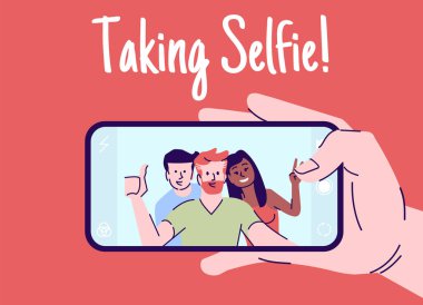 Selfie düz vektör illüstrasyon alarak. Kendi kendine fotoğraf yapma akıllı telefon ile el. Arkadaşlar toplantı resmi. Kırmızı arka plan üzerinde anahat öğeleri ile telefon çizgi film karakteri mutlu insanlar portre