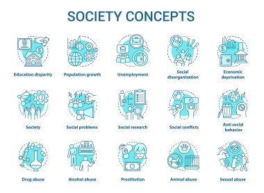Toplum kavramı simgeleri ayarlayın. Sosyal sorunlar, davranış sorunları fikir ince çizgi illüstrasyon. Şiddet ve istismar, işsizlik, suçlar. Sosyal çatışmalar. Vektör yalıtılmış anahat çizimi. Kullanılabilir kontur