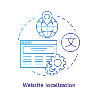Web sitesi yerelleştirme mavi kavram simgesi. Web sitesi çeviri fikir ince çizgi illüstrasyon. Uluslararası Seo,çok dilli web sayfasını başlatın ve yönetin. Vektör yalıtılmış anahat çizimi. Kullanılabilir kontur
