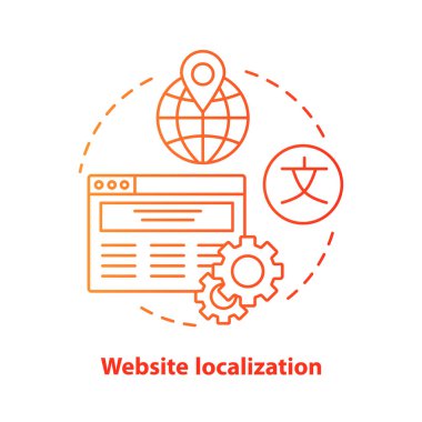 Web sitesi yerelleştirme kırmızı kavram simgesi. Web sitesi çeviri fikir ince çizgi illüstrasyon. Uluslararası Seo,çok dilli web sayfasını başlatın ve yönetin. Vektör yalıtılmış anahat çizimi. Kullanılabilir kontur