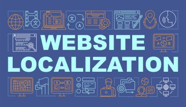 Web sitesi yerelleştirme kelime kavramları afiş. Çok dilli web sitelerini, uluslararası Seo'u yönetin. Sunum, web sitesi. Doğrusal simgeler ile izole harf tipografi fikri. Vektör anahat çizimi