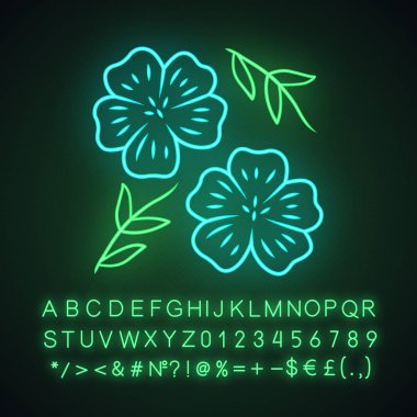 Mavi keten bitki neon ışık simgesi. Keten yabani çiçek. Bahar çiçeği. Çiçek açan linum kır çiçeği. Alfabe, sayılar ve semboller ile parlayan işareti. Vektör izole illüstrasyon