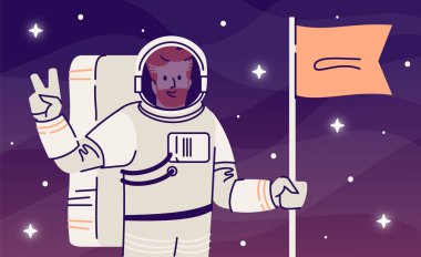 Astronaut flat vector illustration. Spaceman with flag and victo