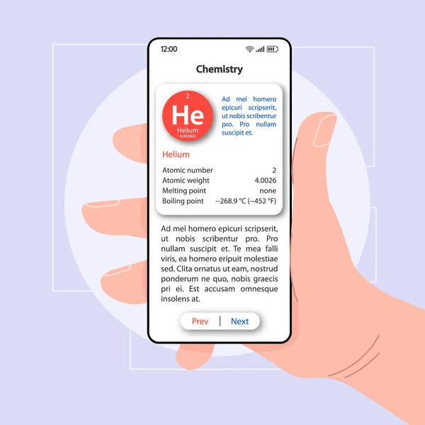 Химия изучает векторный шаблон интерфейса смартфона. Белый дизайн страницы мобильного приложения. Химические свойства экрана. Плоский пользовательский интерфейс для применения. Телефон с описанием вещества на дисплее — стоковый вектор