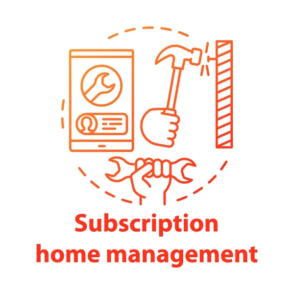 Abonelik ev yönetimi iş konsepti ikonu. Çevrimiçi inşaat aletleri dükkanı fikri ince çizgi çizimi. Tamirci çağrı servisi. Akıllı telefon, anahtar ve çekiç vektörü izole edilmiş dış hat çizimi