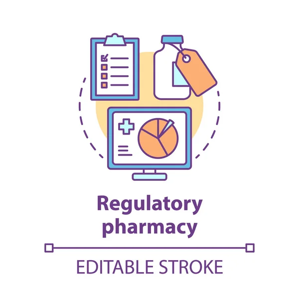 Icono del concepto de farmacia. Ilustración de línea delgada de la idea de farmacología regulatoria. Pruebas de eficacia y seguridad de los medicamentos. Investigación farmacéutica de reciente desarrollo. Dibujo de contorno aislado vectorial. Carrera editable — Archivo Imágenes Vectoriales