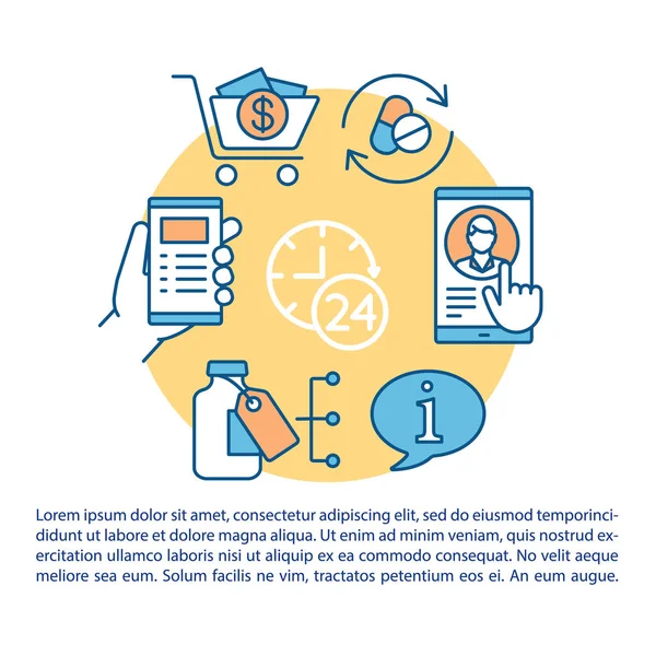 Online eczane, tıp danışma makale sayfası vektör şablonu. İnternet eczanesi. Broşür, dergi, doğrusal simgeler ve metin ile kitapçık tasarım elemanı. Baskı tasarımı. Kavram çizimleri 