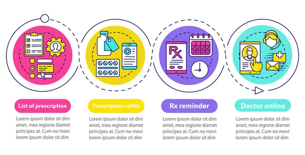 Çevrimiçi eczane vektör bilgi grafiği şablonu. İş sunumu tasarım öğeleri. Dört adımlı ve seçenekli veri görselleştirme. İşlem zaman çizelgesi grafiği. Doğrusal simgelerle iş akışı düzeni