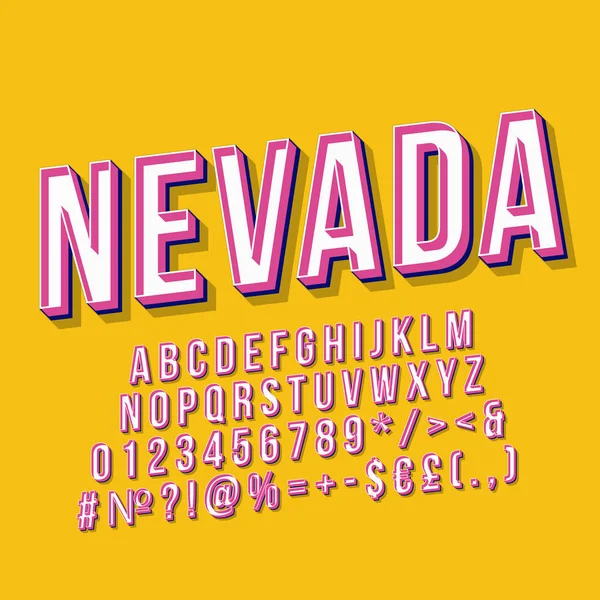 Nevada vintage 3d vector lettering. Retro bold font, typeface. Pop art stylized text. Old school style letters, numbers, symbols, elements pack. 90s, 80s poster, banner. Yellow color background — Stock Vector