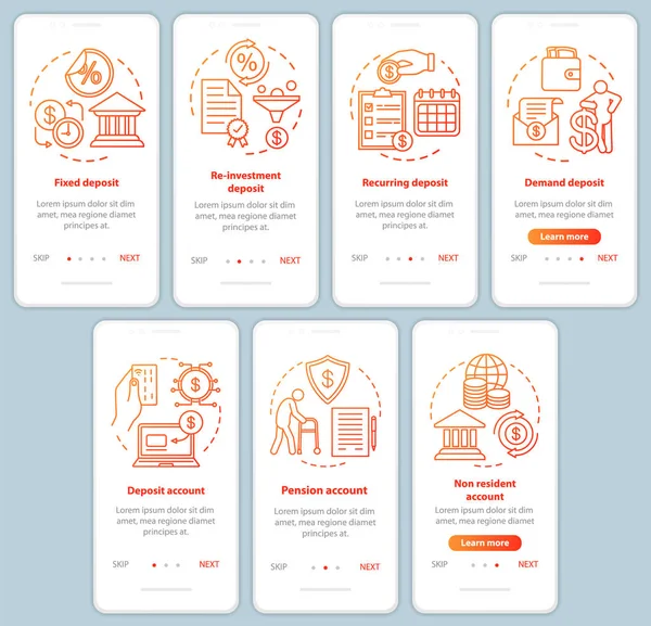 Tasarruf, mobil uygulama sayfası ekran vektör şablonu onboarding mevduat yatırım. Farklı para yatırma türleri. Doğrusal çizimler ayarlanmış web sitesi adımları. Ux, Ui akıllı telefon arayüz konsepti