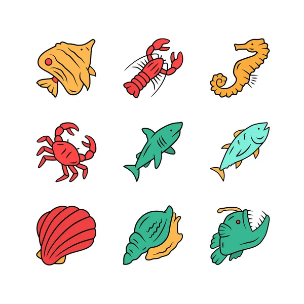 Conjunto de iconos de color de animales marinos. Tiburón nadador, rape, pez mariposa. Criatura submarina. Organismo acuático. Menú restaurante de mariscos. Langosta, cangrejo, atún. Ilustraciones vectoriales aisladas — Vector de stock