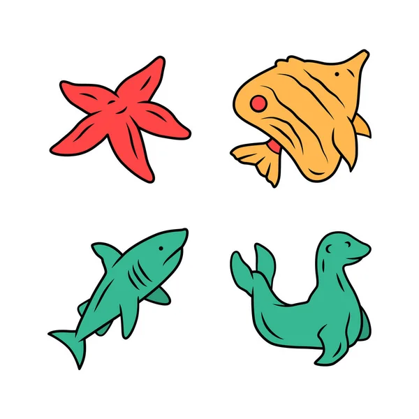 Zee dieren kleur icons set. Zeesterren, butterflyfish, haai, zegel. Oceaan Onderwater wildlife. Tropische aquatische vissoorten. Onderzeese wereld. Oceanografie en zoölogie. Geïsoleerde Vector illustraties — Stockvector