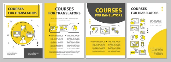 Kurser för översättare broschyr malllayout. Tolkning. Reklamblad, broschyr, broschyr tryckdesign med linjära illustrationer. Vektor sidlayouter för tidskrifter, årsredovisningar, reklamaffischer — Stock vektor