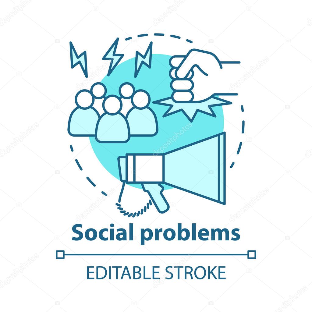 Social problems concept icon. Violence, social abuse and harassment idea thin line illustration. Antisocial behaviour. Conflicts and bullying. Vector isolated outline drawing. Editable stroke