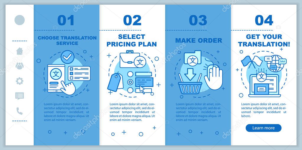 Translation service process onboarding mobile web pages vector template. Responsive smartphone website interface idea with linear illustrations. Webpage walkthrough step screens. Color concept 