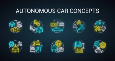 Otonom araba neon ışık kavramı simgeleri ayarlayın. Araba robotik özellikleri. Sürücüsüz araçlar. Akıllı otomatik fikir. Alfabe, sayılar ve semboller ile parlayan işareti. Vektör izole illüstrasyon