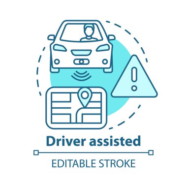 Sürücü destekli kavram simgesi. Güvenlik ve konfor için araç akıllı özellikleri. Navigasyon yolları fikir ince çizgi illüstrasyon duyusal bilgi. Vektör yalıtılmış anahat çizimi. Kullanılabilir kontur