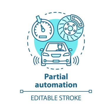 Partial automation concept icon. Vehicle with cruise control and parking sensors. Electronic car systems for driver idea thin line illustration. Vector isolated outline drawing. Editable stroke clipart